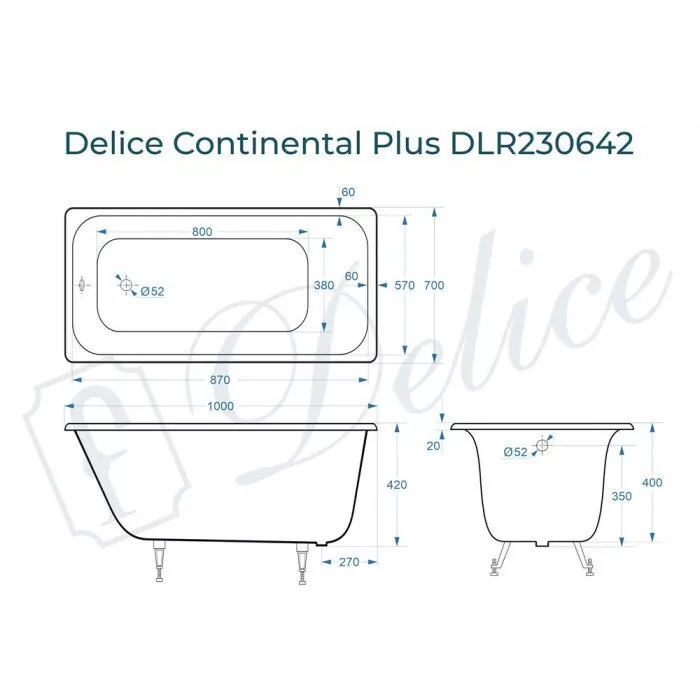 картинка Ванна чугунная Delice Continental PLUS 100х70 DLR230642 с ножками и переливом DLR000017 
