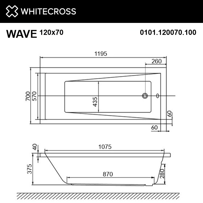 картинка Ванна WHITECROSS Wave 120x70 акрил с ножками NWT-50 