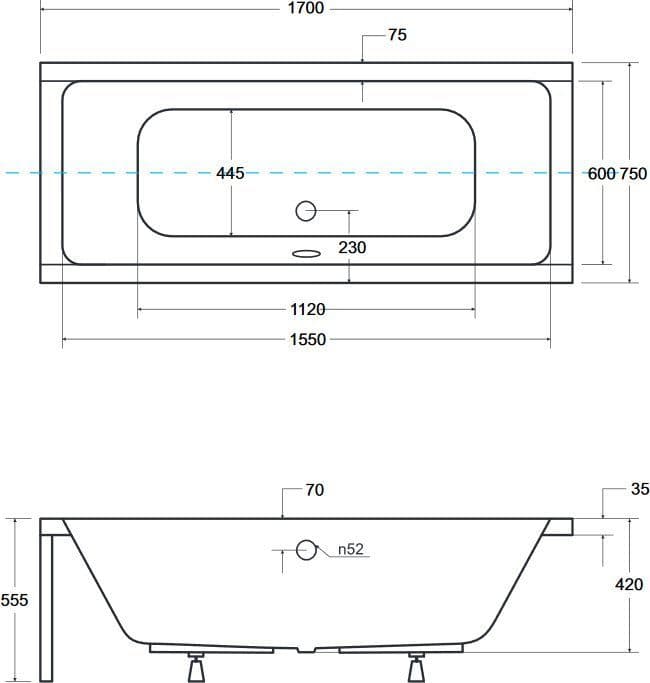 картинка Акриловая ванна Besco Quadro 170x75 с ножками Stel 