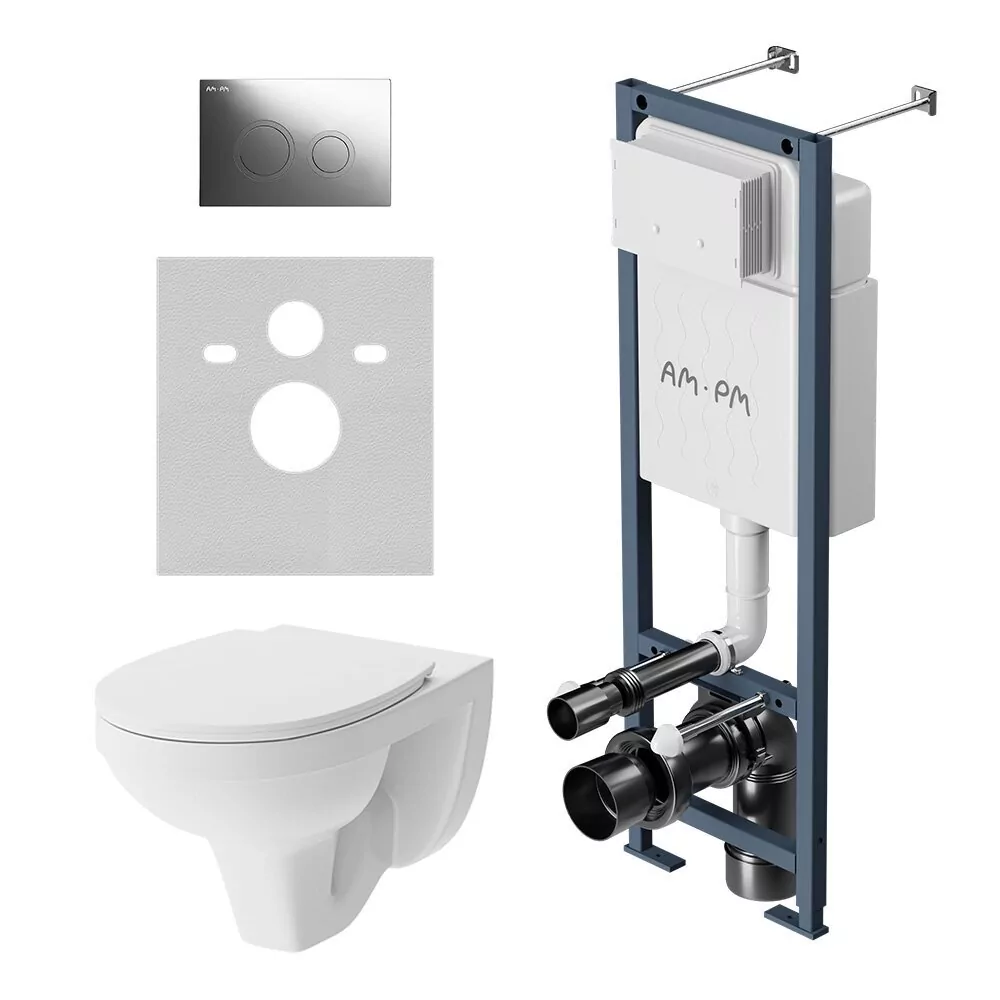 картинка Инсталляция Am.Pm ErgoFit IS110151.DX77C1738 с клавишей L глянцевый хром с унитазом Jupiter с сиденьем микролифт 