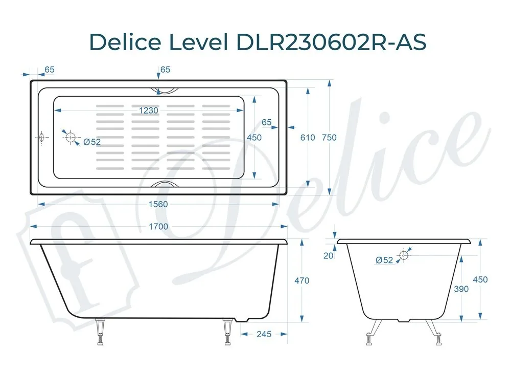 картинка Ванна чугунная Delice Level 170х75 с отверстиями под ручки и антискользящим покрытием DLR230602R-AS 