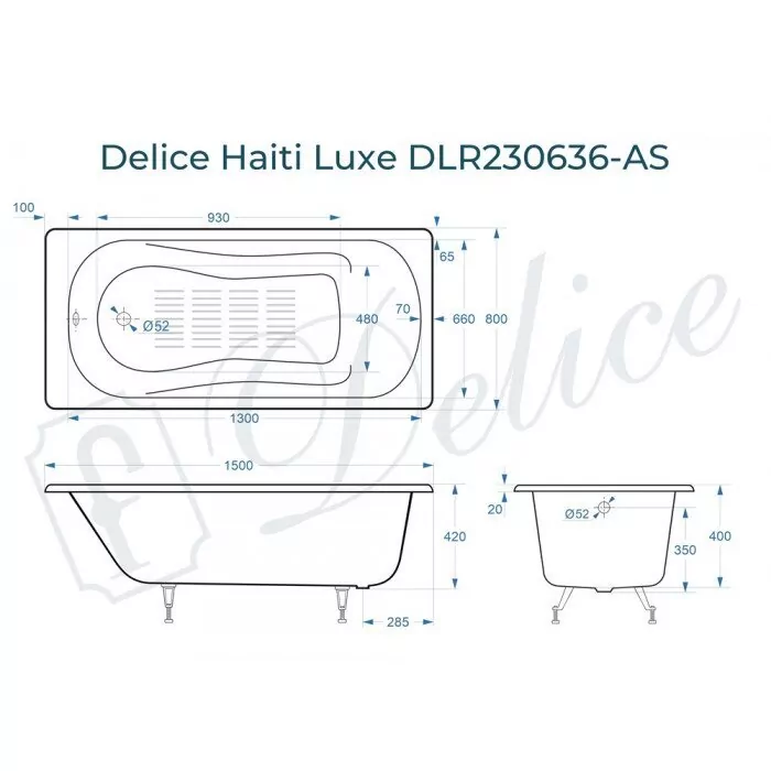 картинка Ванна чугунная Delice Haiti Luxe 150х80 с антискользящим покрытием DLR230636-AS с ножками и переливом DLR000017 