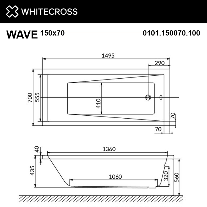 картинка Ванна WHITECROSS Wave 150x70 акрил с ножками NWT-50 