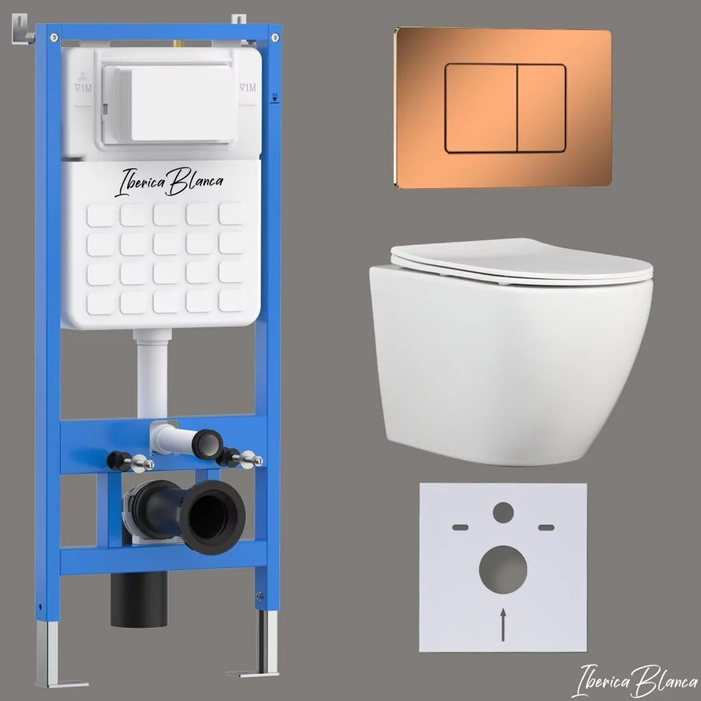 картинка Комплект 3 в 1 IBERICA BLANCA инсталляция с унитазом BILBAO ALTO IB.BLA.234.1B1 клавишей розовое золото глянцевый INOX-C IB.B011.004.001 