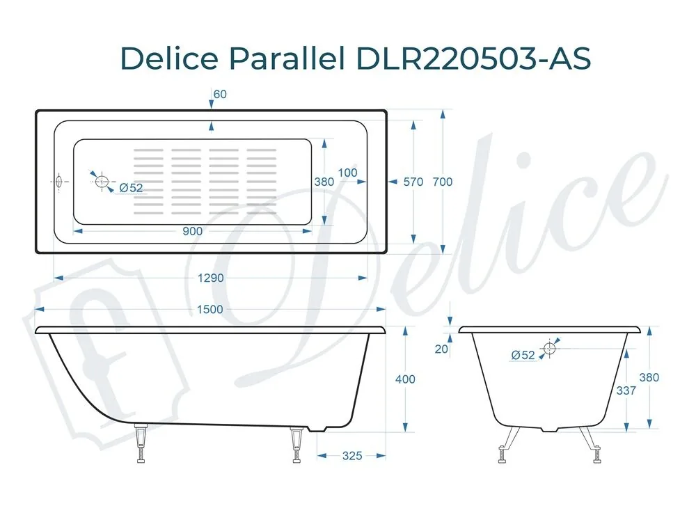 картинка Ванна чугунная Delice Parallel 150х70 с антискользящим покрытием DLR220503-AS 