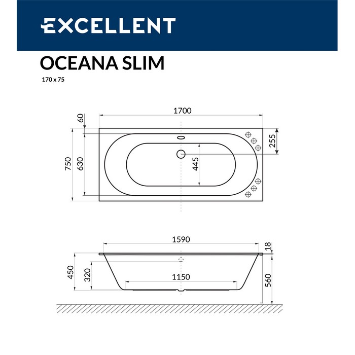 картинка Ванна EXCELLENT Oceana Slim 170x75 с ножками NWT-50 