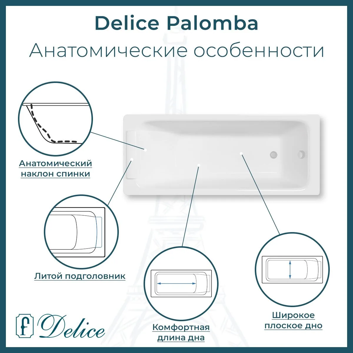 картинка Ванна чугунная Delice Palomba 170х70 с отверстиями под ручки и антискользящим покрытием DLR230620R-AS 