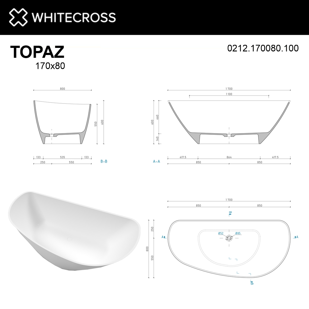 картинка Ванна WHITECROSS Topaz 170x80 белый мат иск. камень 