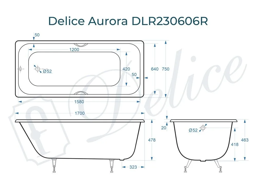 картинка Ванна чугунная Delice Aurora 170х75 с отверстиями под ручки DLR230606R 