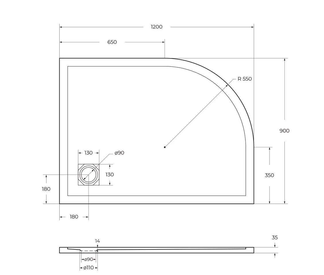фото Душевой поддон из искусственного мрамора с сифоном BelBagno UNO TRAY-MR-UNO-RH-120/90-550-35-W-R-NO 