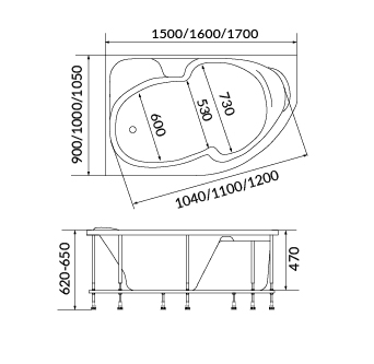 картинка Ванна 1Marka DIANA 160x100 R с каркасом и слив-переливом 