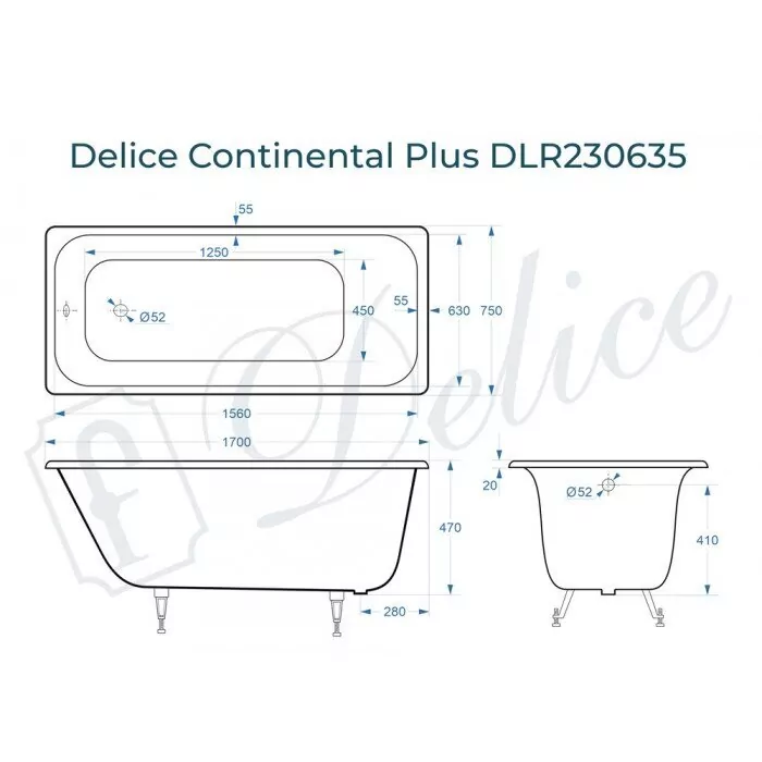 картинка Ванна чугунная Delice Continental PLUS 170х75 с ножками и переливом DLR000017 