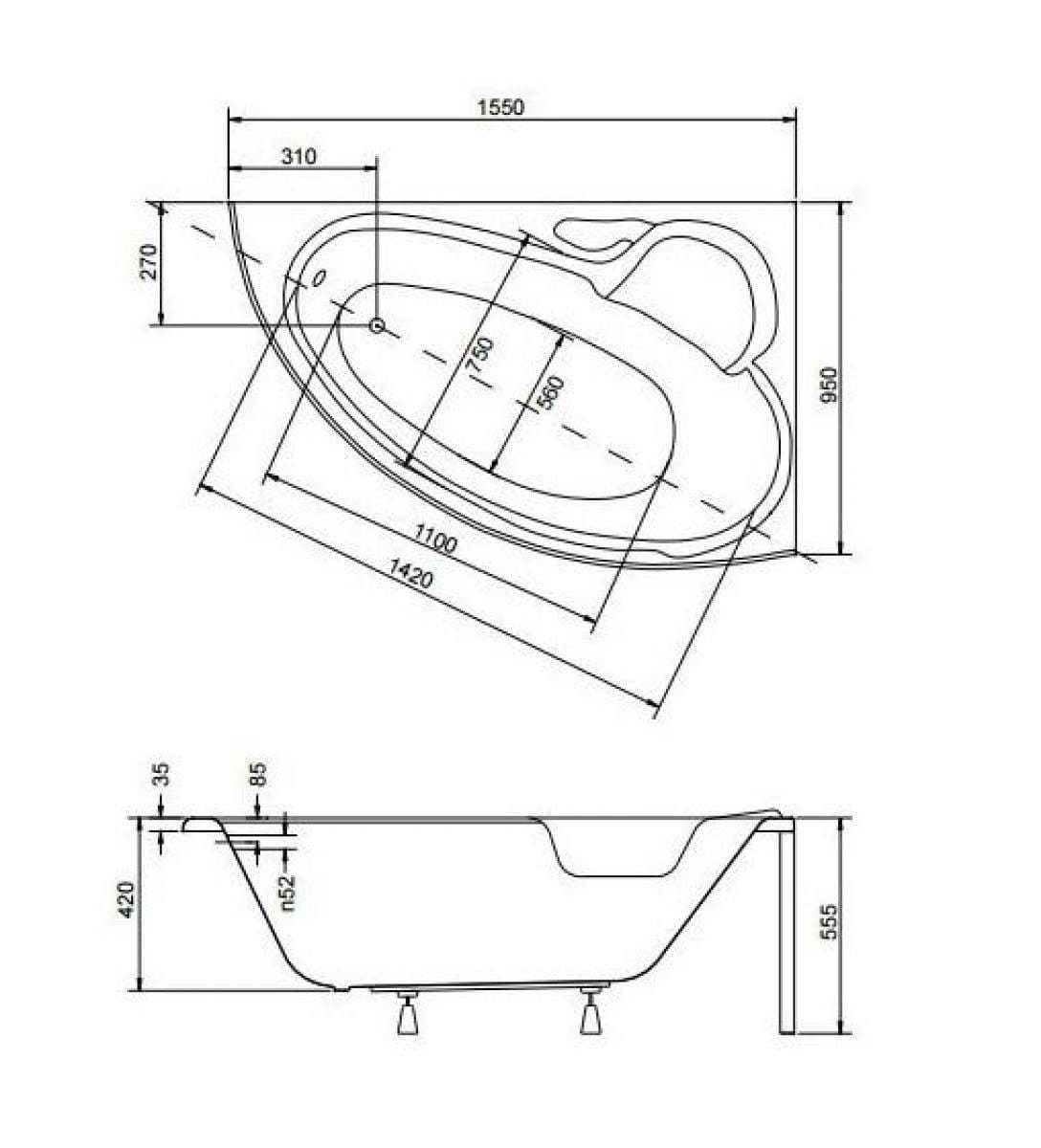 картинка Акриловая ванна Besco Finezja Nova 155x95 P с ножками Stel 