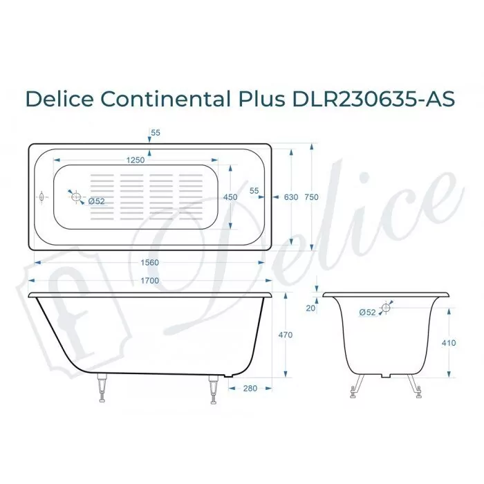картинка Ванна чугунная Delice Continental PLUS 170х75 с антискользящим покрытием с ножками и переливом DLR000017 