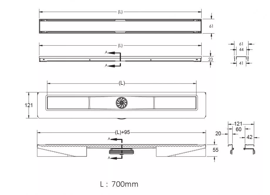 картинка Желоб водосток BERGES B1 Antik 700, хром глянец, вертикальный выпуск S-сифон D50/105мм H30/80мм 
