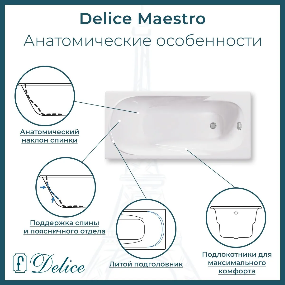картинка Ванна чугунная Delice Maestro 200х85 с отверстиями под ручки DLR230646R 