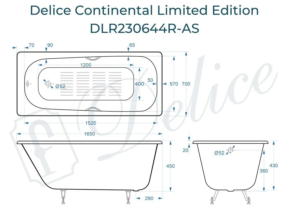 картинка Ванна чугунная Delice Continental Limited Edition 165х70 с отверстиями под ручки и антискользящим покрытием DLR230644R-AS 