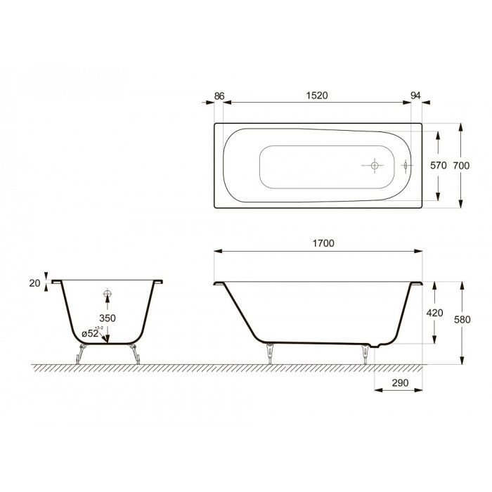 картинка Ванна чугунная Delice Continental 1700х700 с ножками и ручками DLR000013 бронза 