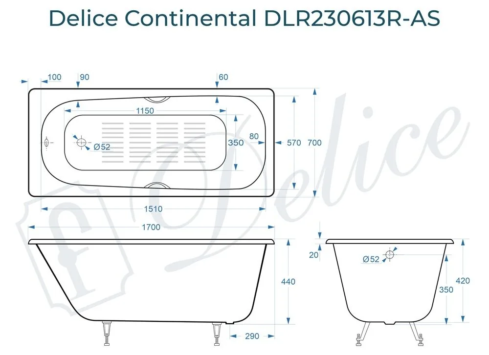 картинка Ванна чугунная Delice Continental 170х70 с отверстиями под ручки и антискользящим покрытием DLR230613R-AS 