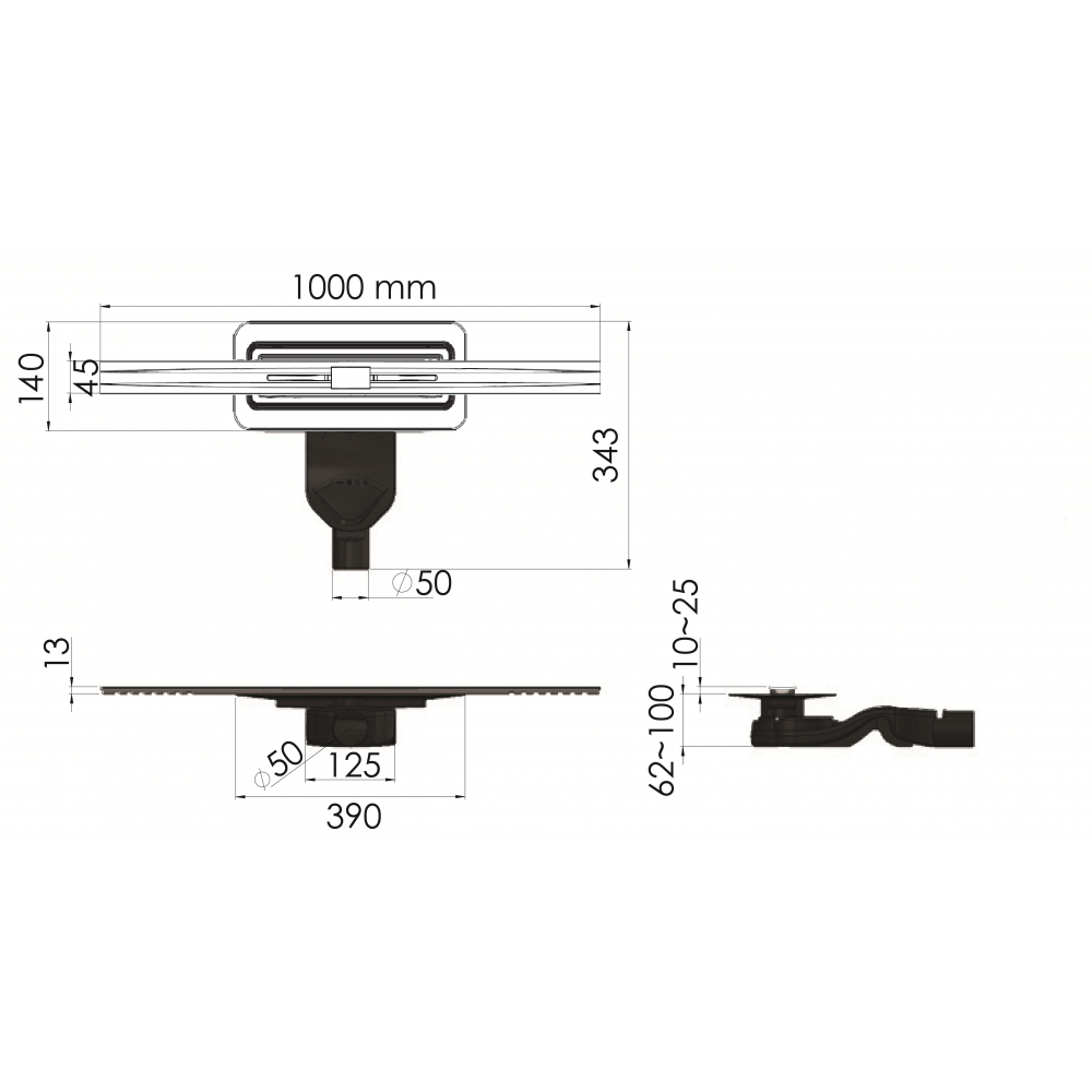 картинка Желоб водосток BERGES SIMPEL 1000 хром глянец, боковой выпуск S-сифон D50 H60 