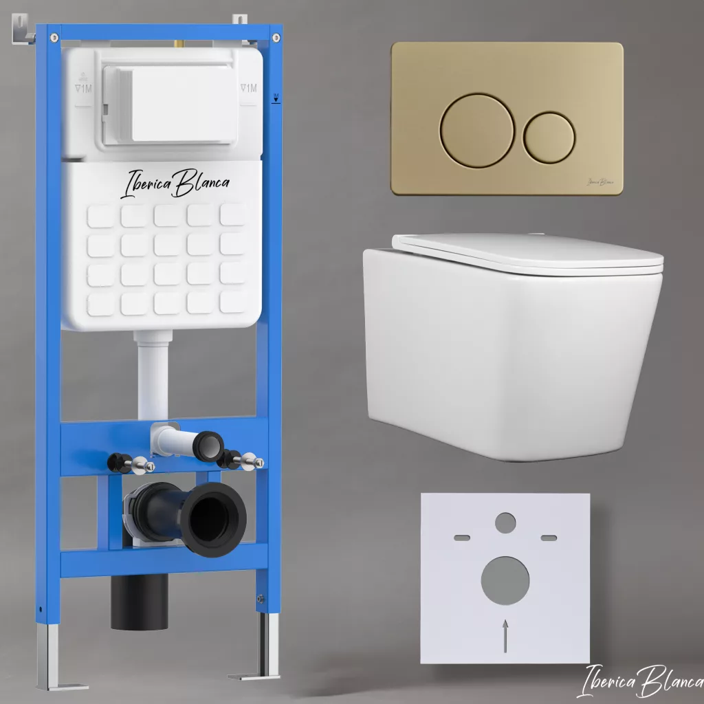 картинка Комплект 3 в 1 IBERICA BLANCA инсталляция с унитазом TOLEDO ALTO IB.TLA.234.1B1 клавишей золото матовый INOX-O IB.B081.005.003 