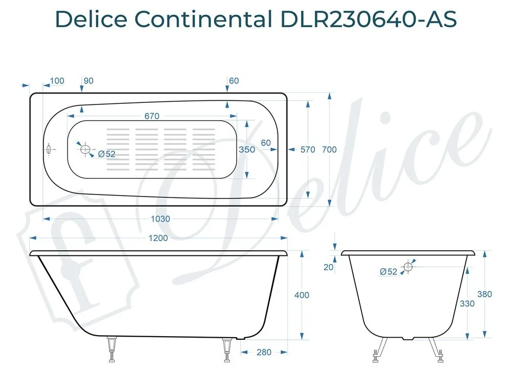 картинка Ванна чугунная Delice Continental 120х70 с антискользящим покрытием DLR230640-AS 