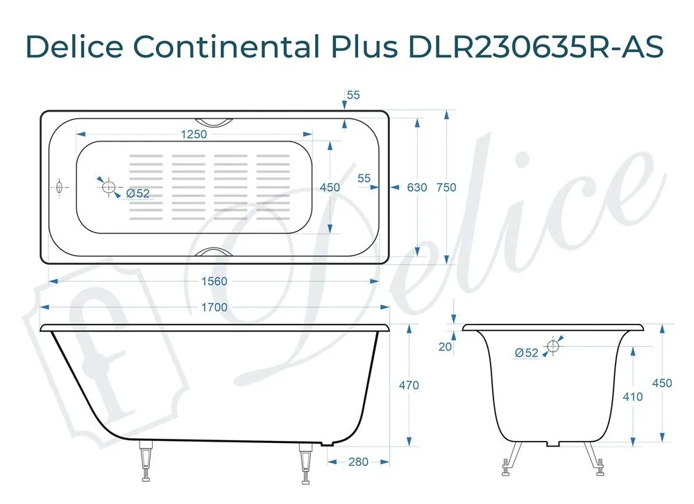 картинка Ванна чугунная Delice Continental PLUS 170х75 с отверстиями под ручки и антискользящим покрытием DLR230635R-AS 