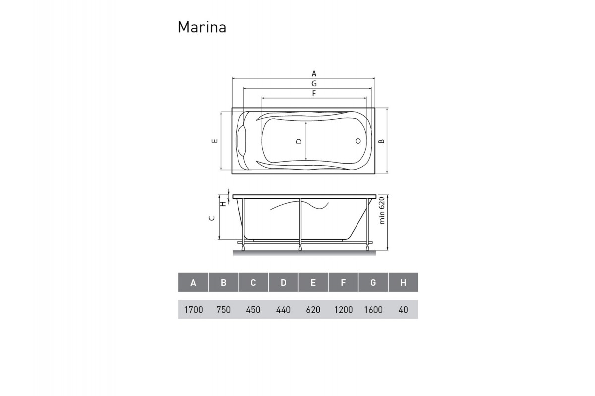 картинка Акриловая ванна Relisan Marina 170x75 с каркасом и слив-переливом 