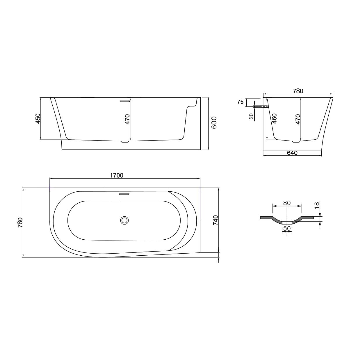 картинка Акриловая ванна Vincea VBT-301-1700R, 170х78х60, цвет белый, слив-перелив в комплекте, хром 