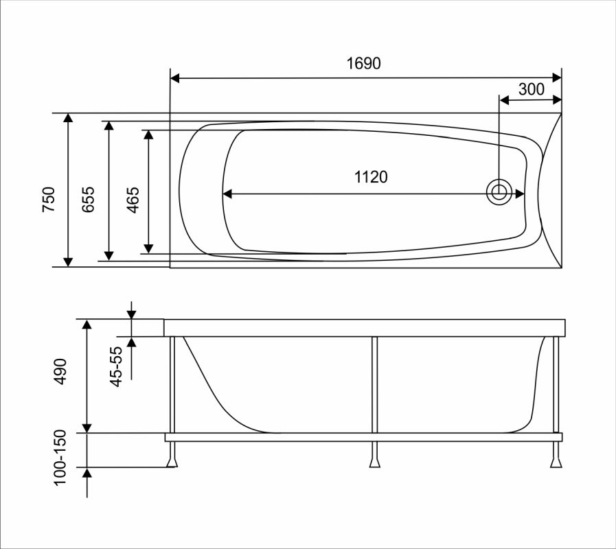 картинка Акриловая ванна Eurolux TROYA 170x75 с каркасом 