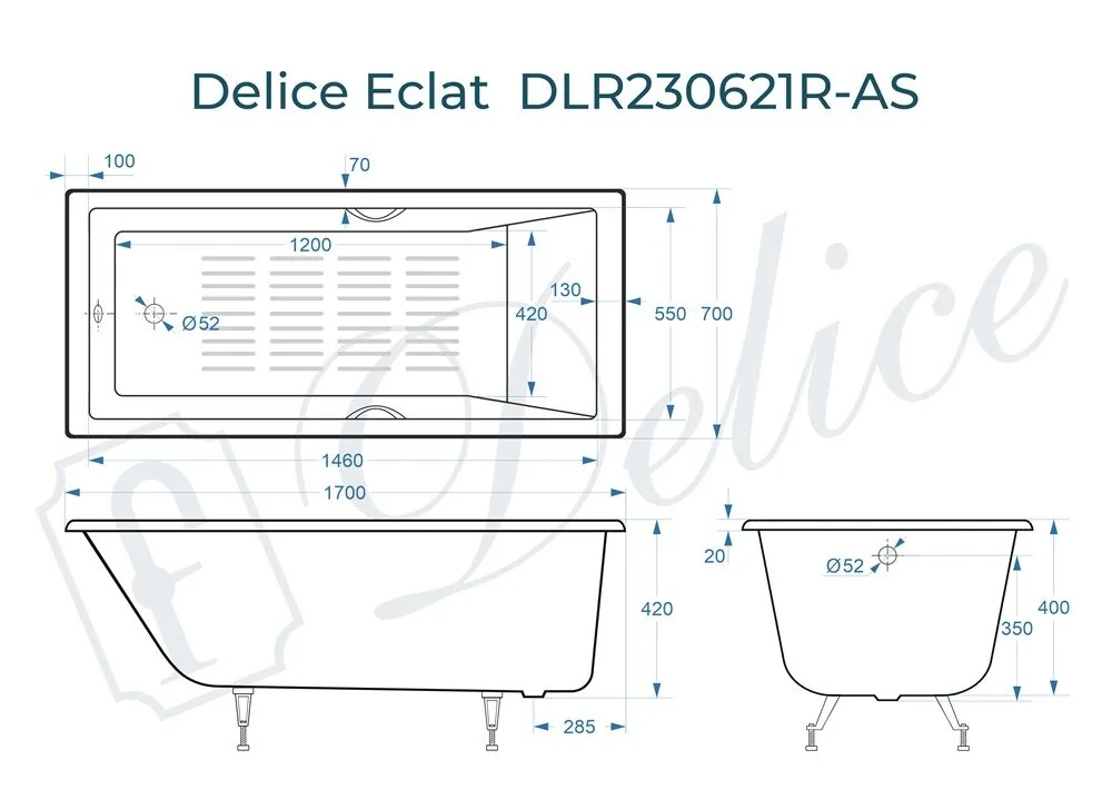 картинка Ванна чугунная Delice Eclat 170х70 с отверстиями под ручки и антискользящим покрытием DLR230621R-AS 