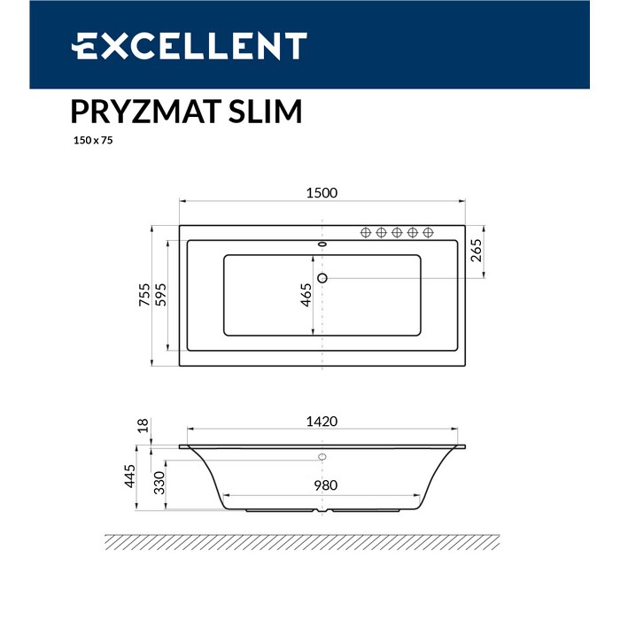 картинка Ванна EXCELLENT Pryzmat Slim 150x75 с каркасом MR-02 