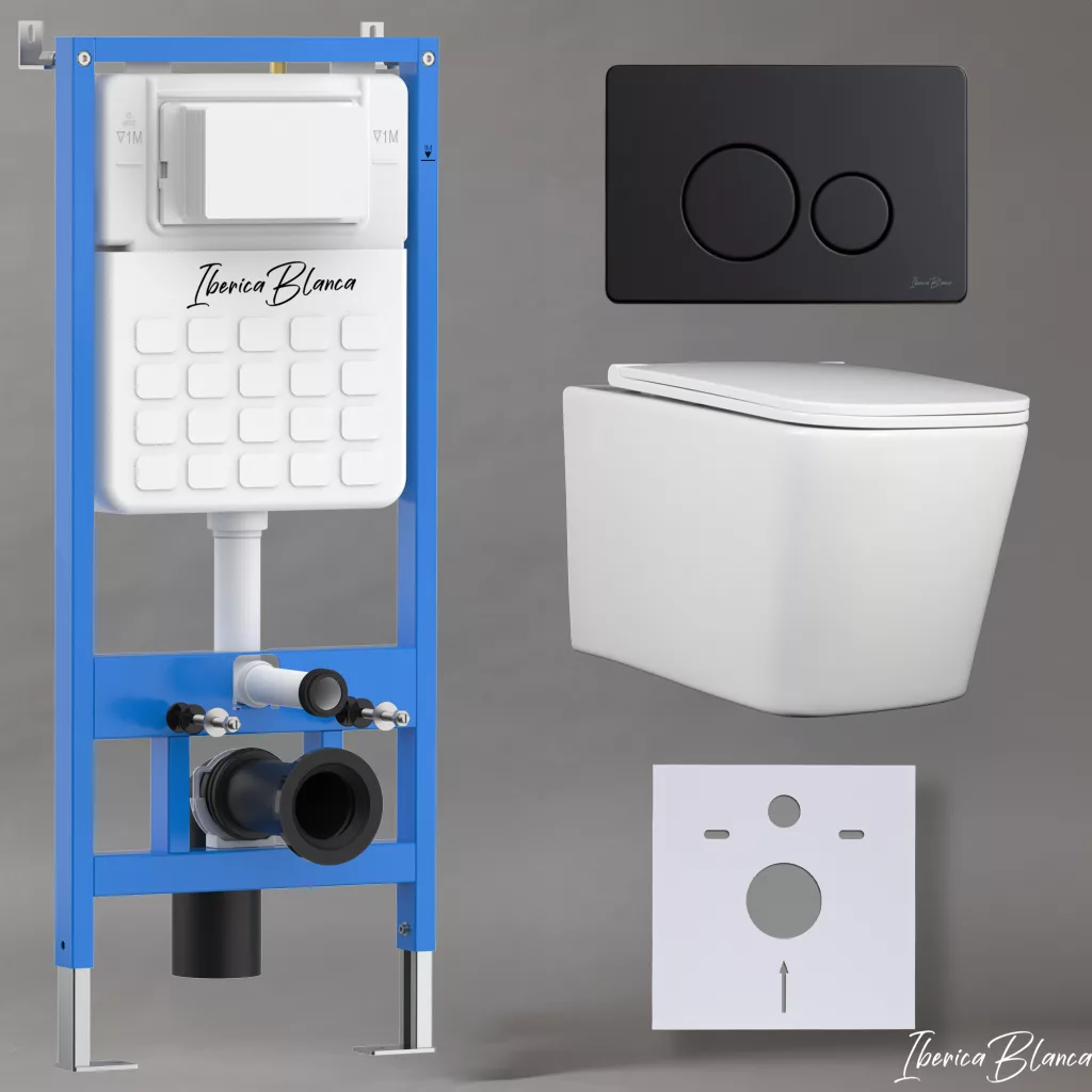 картинка Комплект 3 в 1 IBERICA BLANCA инсталляция с унитазом TOLEDO ALTO IB.TLA.231.1B1 клавишей черный матовый INOX-O IB.B081.002.003 