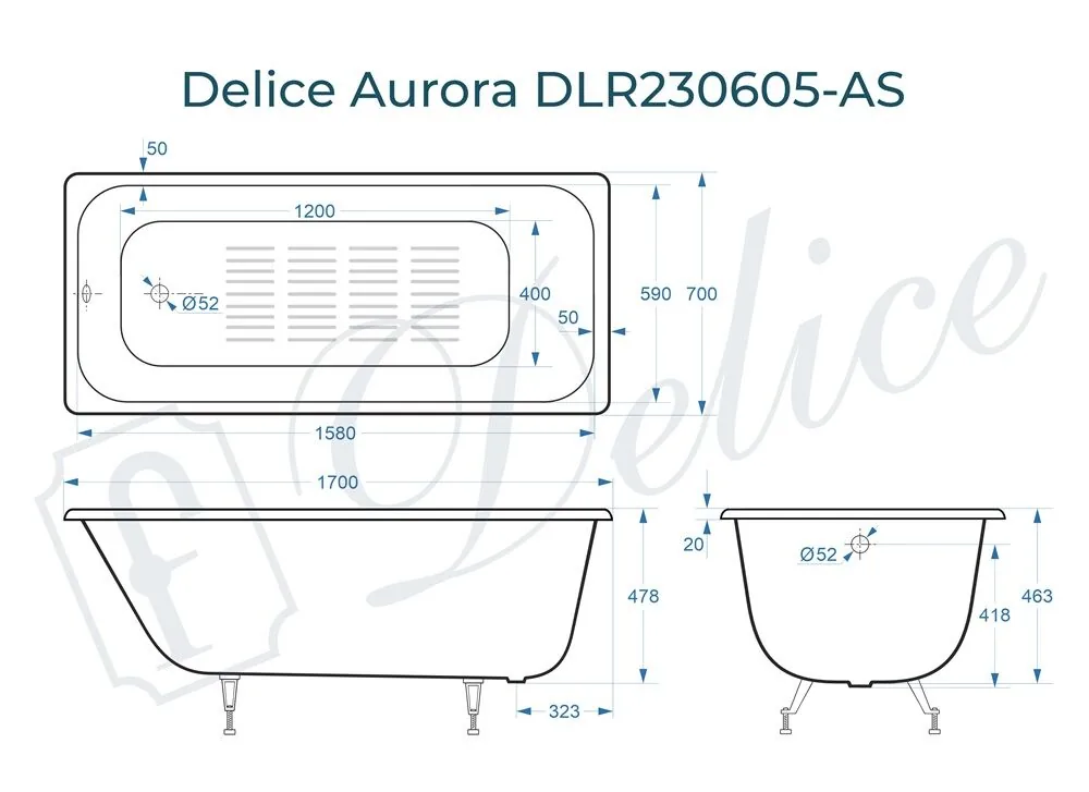 картинка Ванна чугунная Delice Aurora 170х70 с антискользящим покрытием DLR230605-AS 