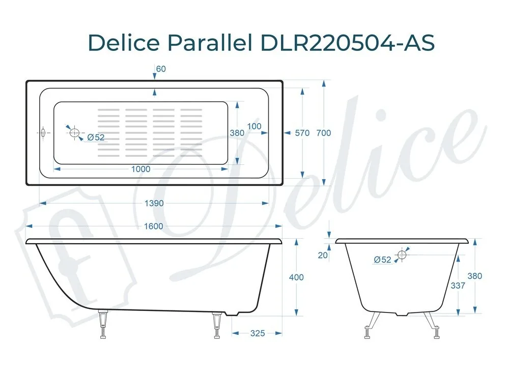 картинка Ванна чугунная Delice Parallel 160х70 с антискользящим покрытием DLR220504-AS 