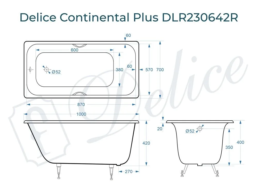 картинка Ванна чугунная Delice Continental PLUS 100х70 с отверстиями под ручки DLR230642R 
