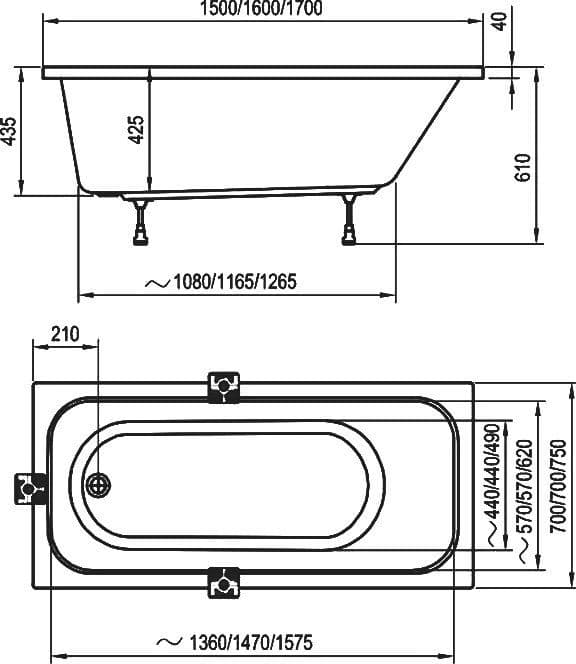 картинка Акриловая ванна Ravak Domino 170х75 с ножками CY00030000 