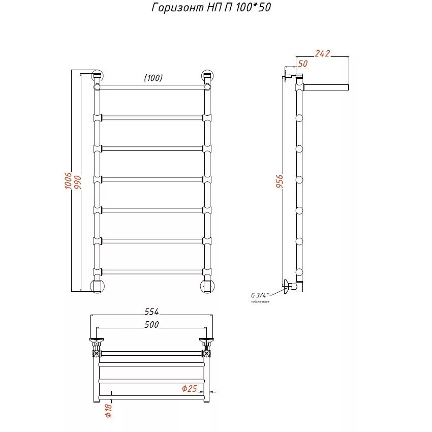 картинка Полотенцесушитель Тругор Горизонт НП П 100*50 (ЛЦ34) (Горизонт/нп10050 П) 