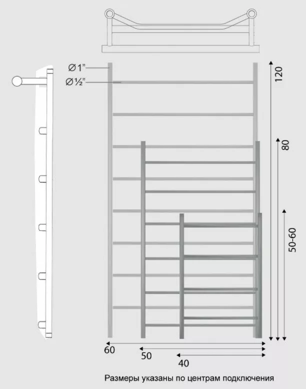 картинка Полотенцесушитель Двин FTE 50/50 Водяной полн.высота 60 см. / 1"-1/2" К2 выход 1" слева Полированный (4627169560815) 