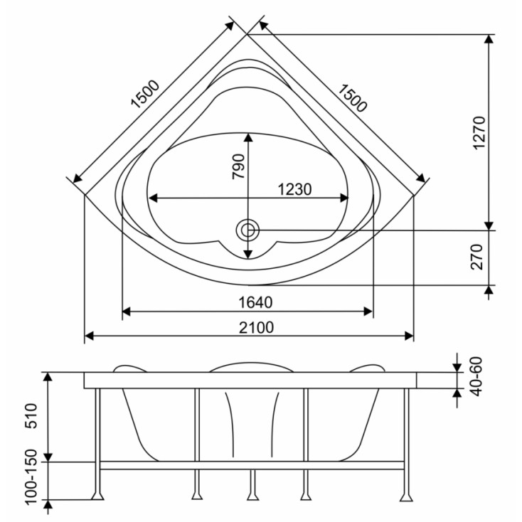 картинка Акриловая ванна Eurolux RIMINY 150X150 с каркасом и экраном 