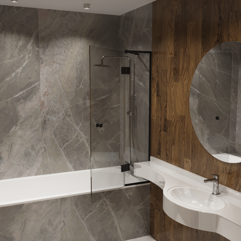 картинка Шторка для ванны Iberica Blanca Mod.401 распашная прозрачная профиль черный 90х140 см 
