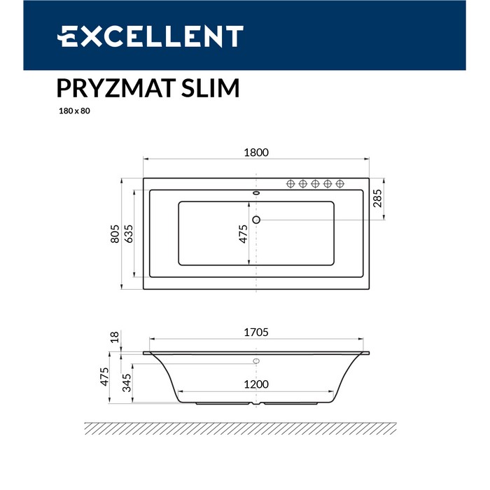 картинка Ванна EXCELLENT Pryzmat Slim 180x80 LINE золото 