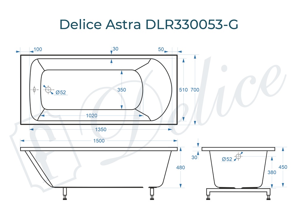 картинка Ванна из литьевого мрамора Delice Astra 150х70 глянцевая DLR330053-G 