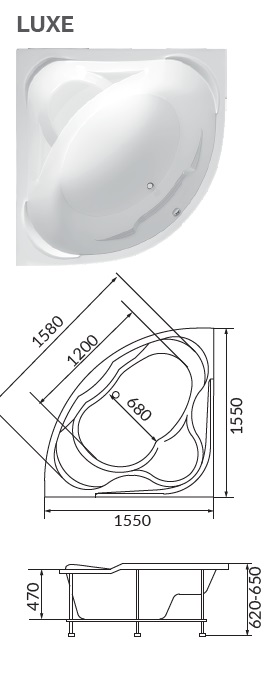 картинка Ванна 1Marka LUXE 155х155 с каркасом 