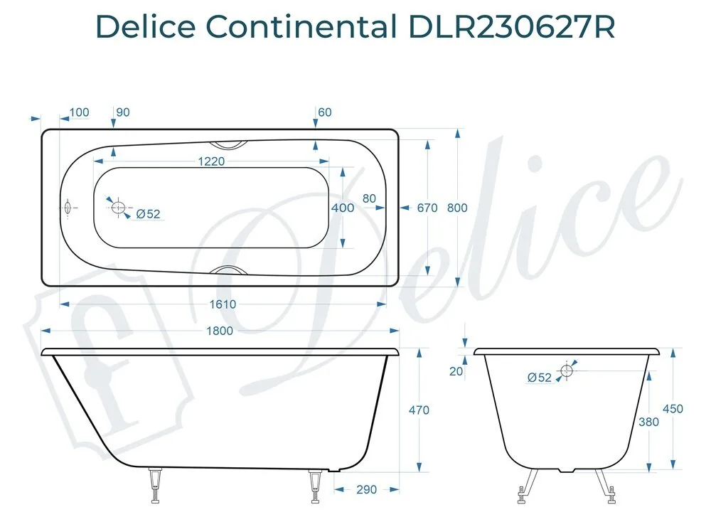 картинка Ванна чугунная Delice Continental 180х80 с отверстиями под ручки DLR230627R 