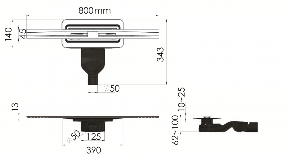 картинка Желоб водосток BERGES SIMPEL 800, матовый хром, боковой выпуск S-сифон D50 H60 