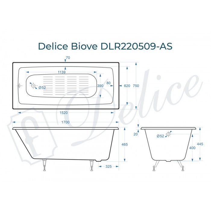 картинка Ванна чугунная Delice Biove 1700х750 без ручек с ножками и антискользящим покрытием 