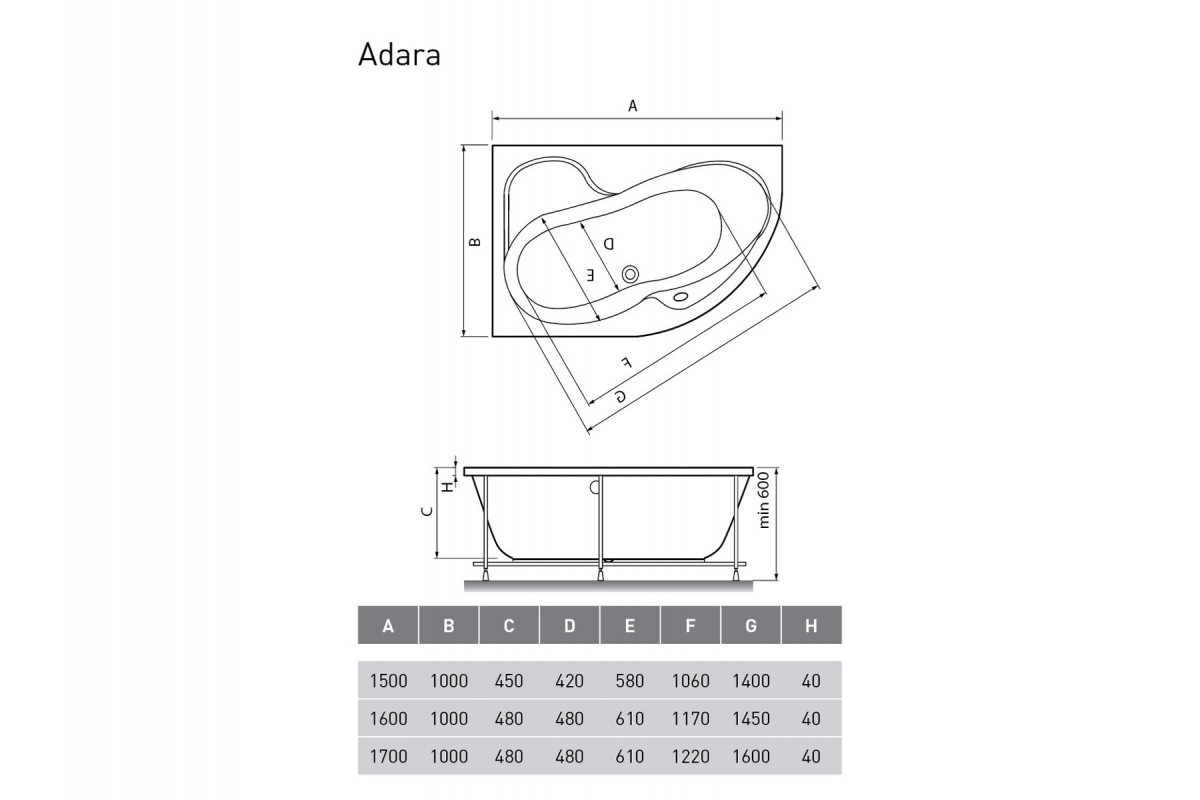 картинка Акриловая ванна Relisan Adara L 160х100 