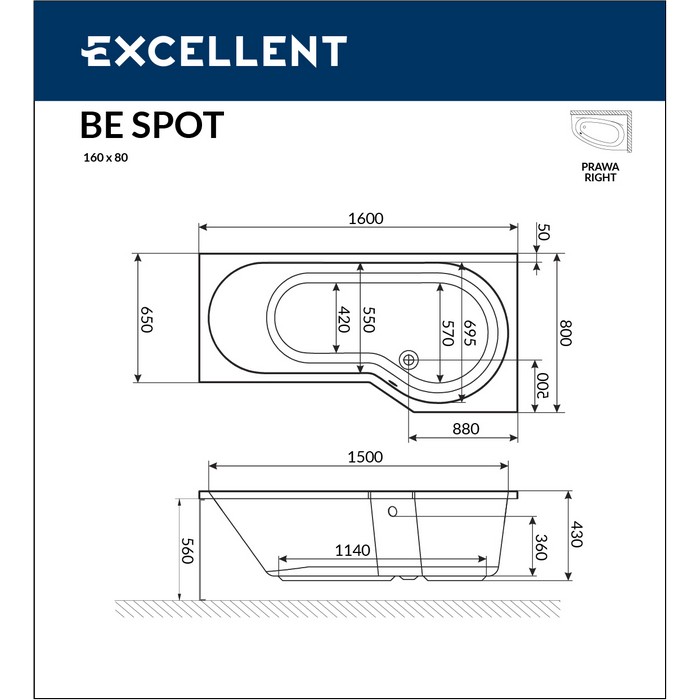 картинка Ванна EXCELLENT Be Spot 160x80 правая с каркасом MR-02 