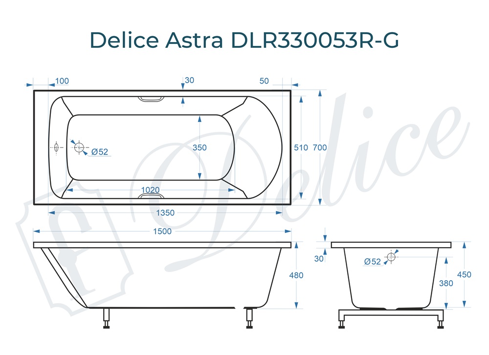 картинка Ванна из литьевого мрамора Delice Astra 150х70 глянцевая с ручками Хром DLR330053R-G 